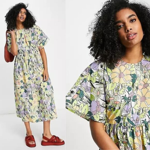 ASOS Floral Midi Dress - Green and Purple - Picture 2 of 12